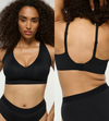 Model trägt bügellosen BH in schwarz, super bequem und mit schönem Dekolte, von vorne und hinten