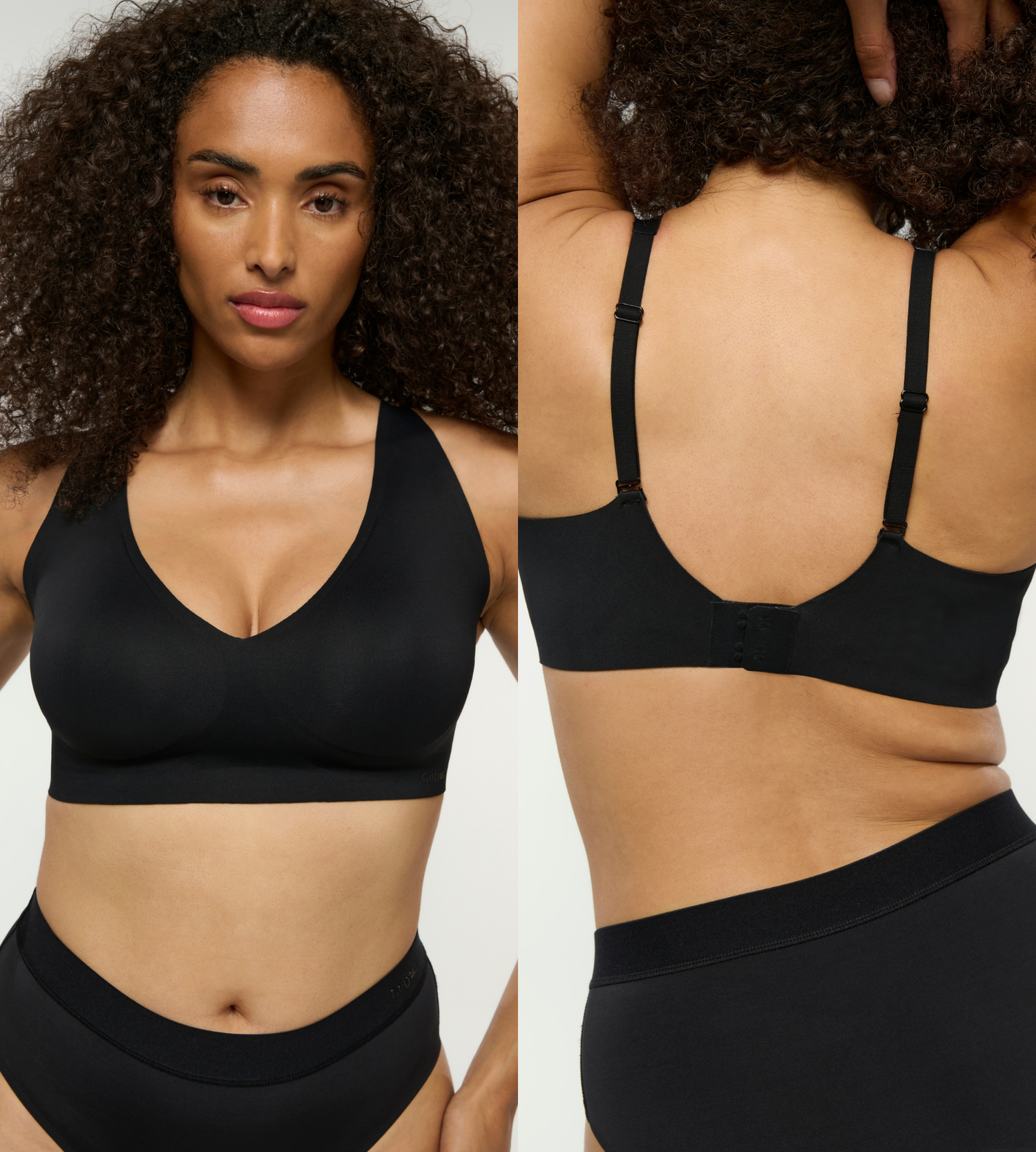 Model trägt bügellosen BH in schwarz, super bequem und mit schönem Dekolte, von vorne und hinten