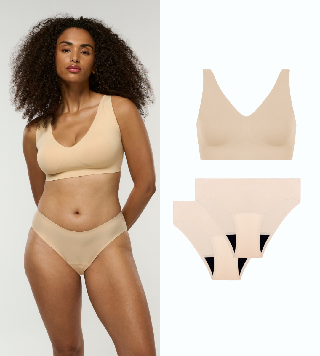Model trägt bralette und nahtlose periodenunterwäsche in beige 