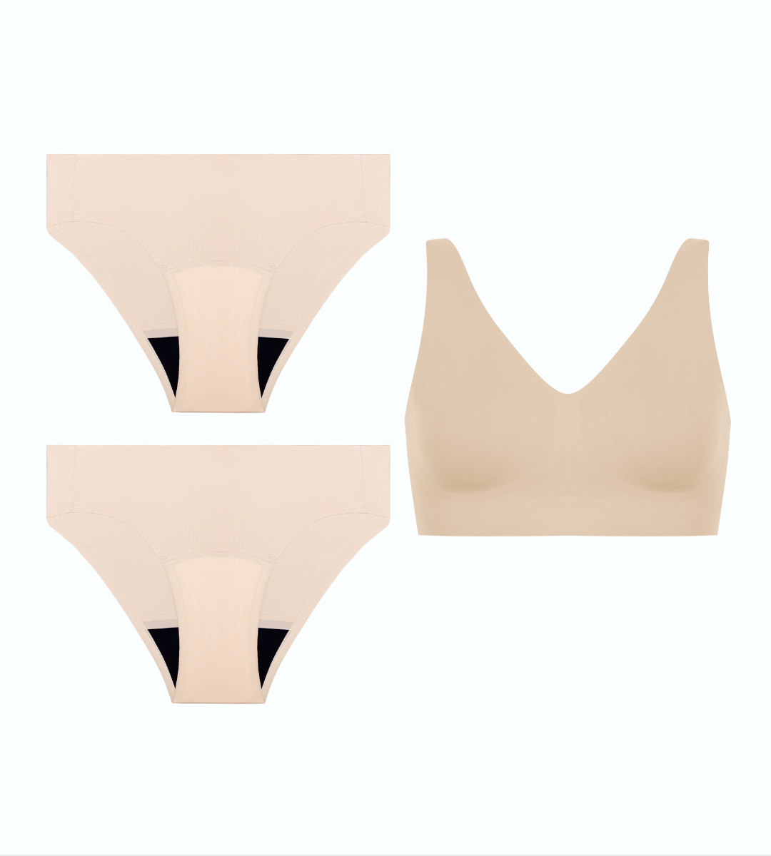 Produktbilder von gotyus set aus bralette und Periodenunterwäsche in beige 