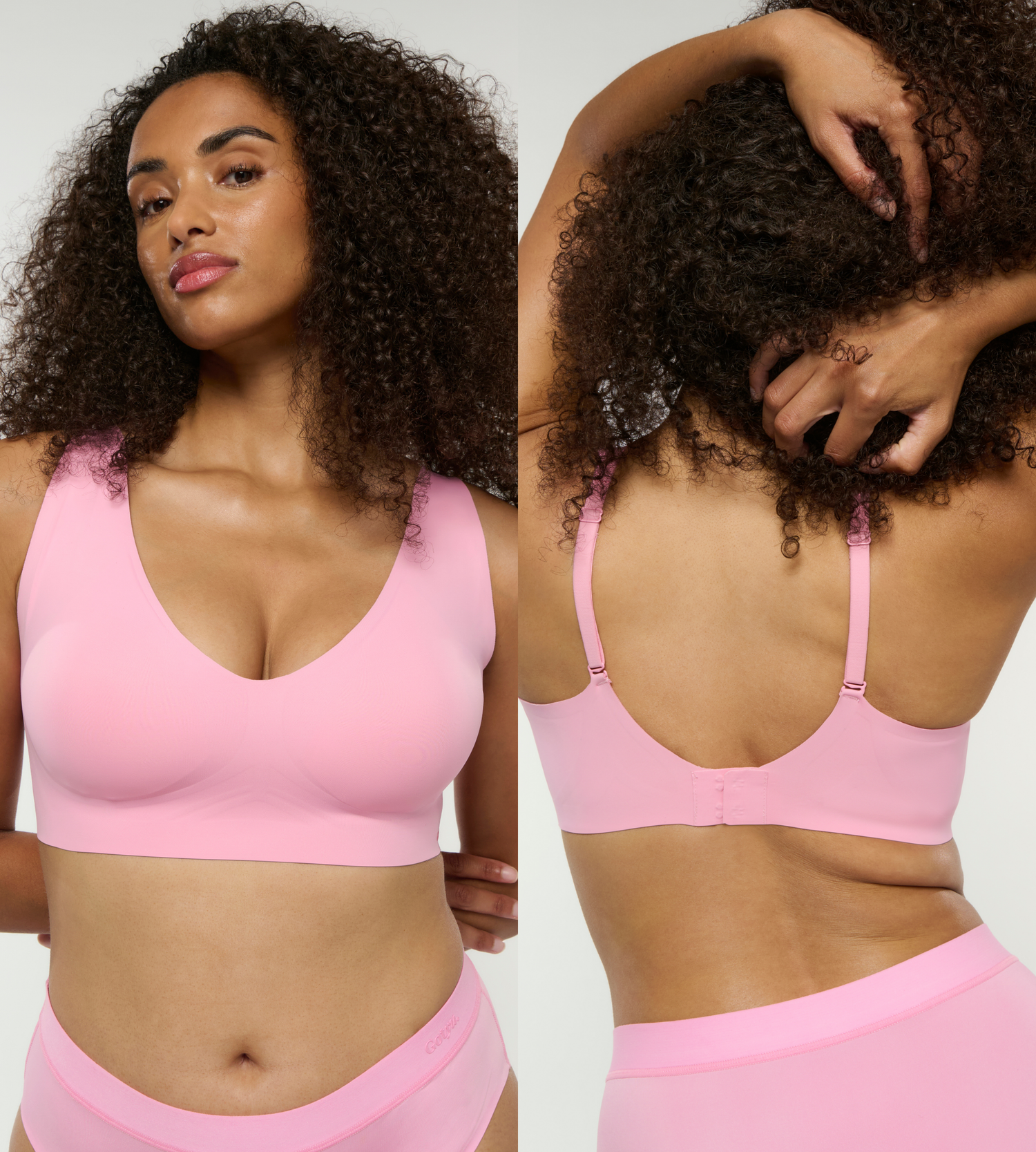 Model trägt super bequemen und V-Plunge Bralette in pink mit breiten Trägern für garantierten Halt