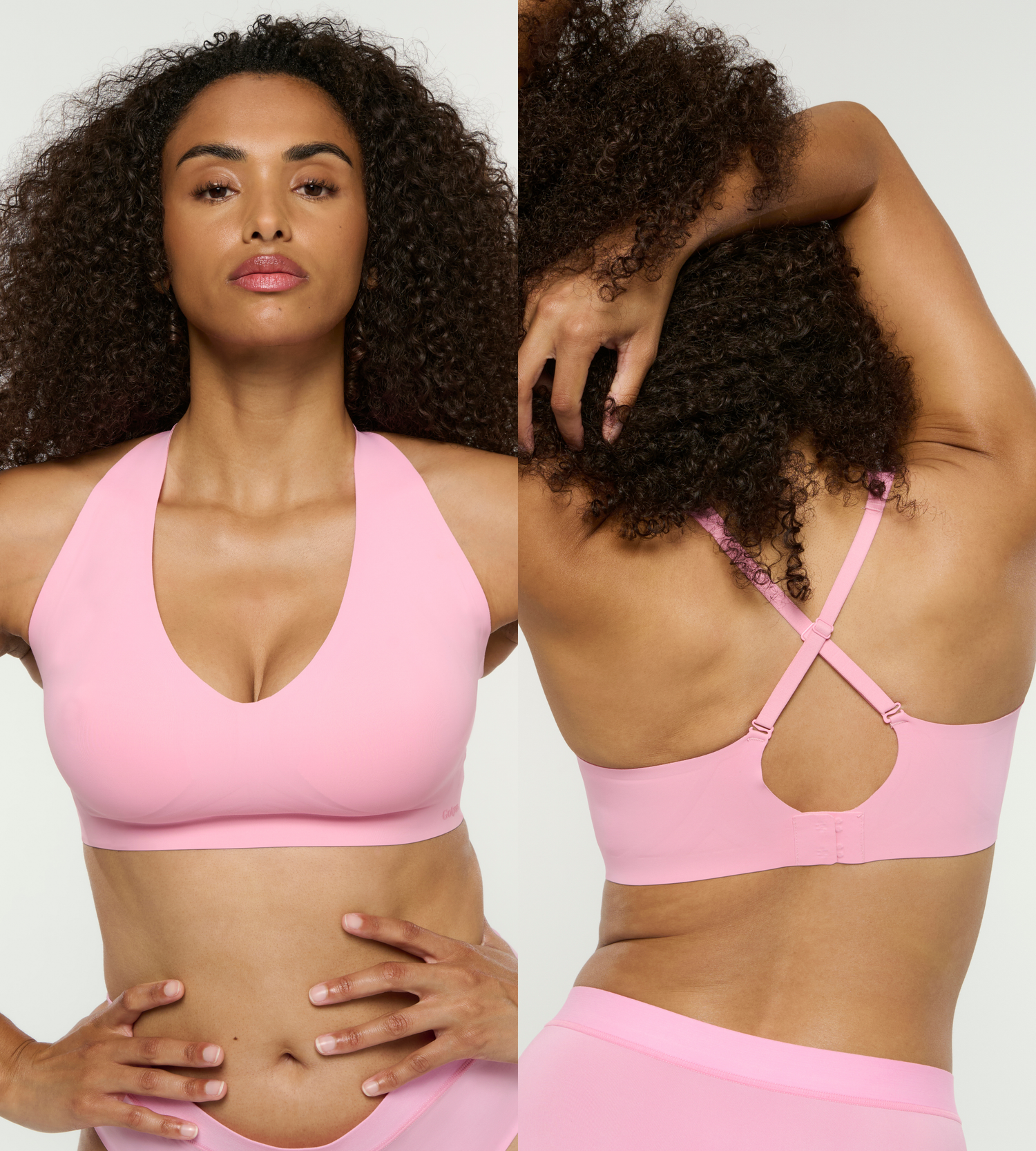 Model trägt super bequemen und V-Plunge Bralette in pink mit überkreuzten Trägern für Neckhalter-Tops