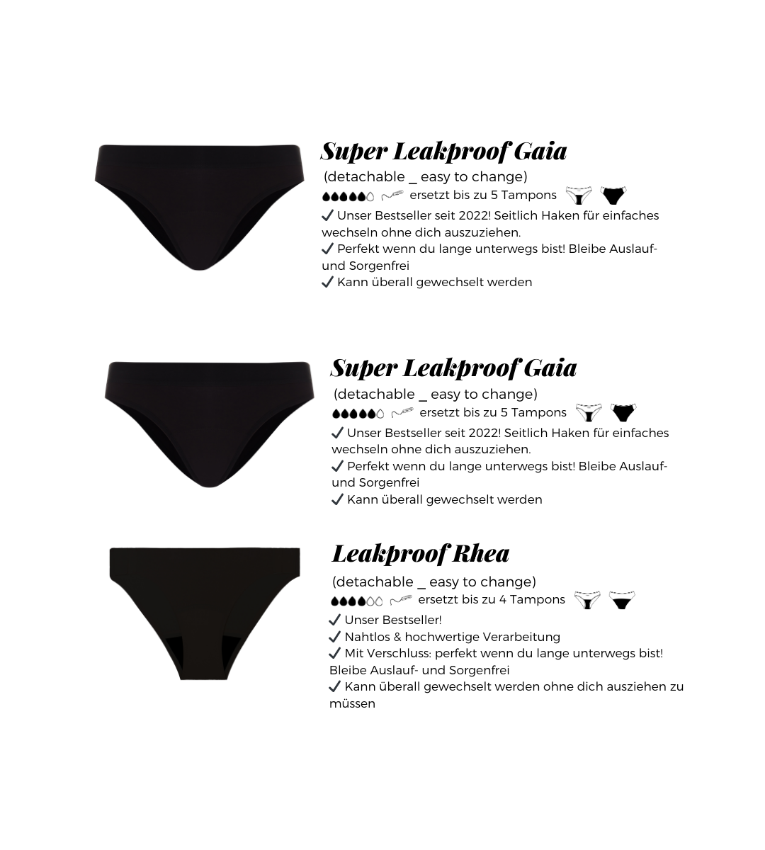 Easy-Change Set - 3 uitneembare menstruatieslipjes met sluiting